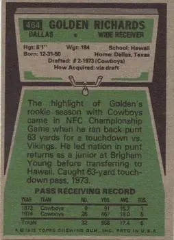1975 Topps #464 - Golden Richards - Dallas Cowboys - Back