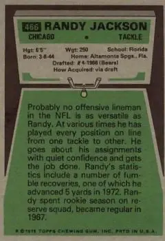 1975 Topps #466 - Randy Jackson - Chicago Bears - Back