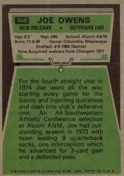 1975 Topps #468 - Joe Owens - New Orleans Saints - Back