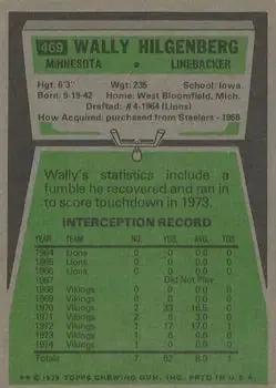 1975 Topps #469 - Wally Hilgenberg - Minnesota Vikings - Back