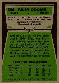 1975 Topps #470 - Riley Odoms - Denver Broncos - Back