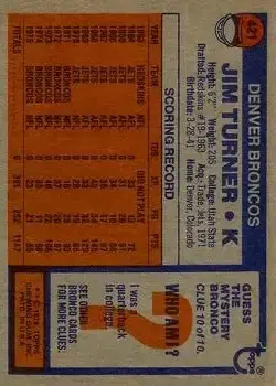 1976 Topps #421 - Jim Turner - Denver Broncos - Back 1976 Topps #421 - Jim Turner - Denver Broncos - Back