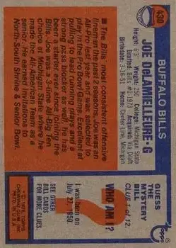 1976 Topps #430 - Joe DeLamielleure - Buffalo Bills - Back 1976 Topps #430 - Joe DeLamielleure - Buffalo Bills - Back