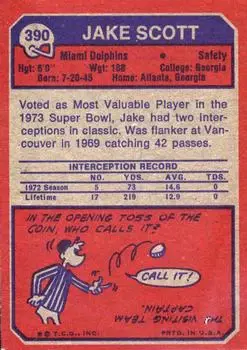 1973 Topps #390 - Jake Scott - Miami Dolphins 1973 Topps #390 - Jake Scott - Miami Dolphins