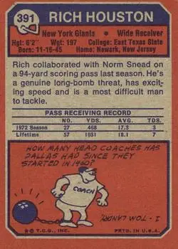 1973 Topps #391 - Rich Houston - New York Giants - Back