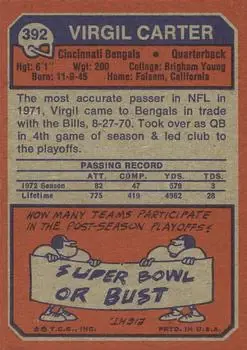 1973 Topps #392 - Virgil Carter - Cincinnati Bengals - Back