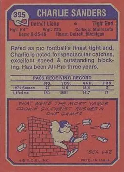 1973 Topps #395 - Charlie Sanders - Detroit Lions - Back