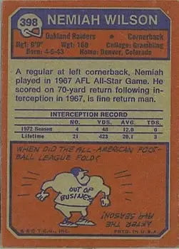 1973 Topps #398 - Nemiah Wilson - Oakland Raiders - Back