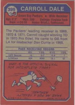 1973 Topps #399 - Carroll Dale - Green Bay Packers - Back