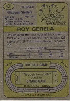 1974 Topps #431 - Roy Gerela - Pittsburgh Steelers - Back