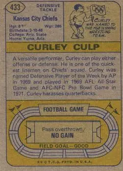 1974 Topps #433 - Curley Culp - Kansas City Chiefs - Back 1974 Topps #433 - Curley Culp - Kansas City Chiefs - Back