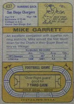 1974 Topps #437 - Mike Garrett - San Diego Chargers - Back 1974 Topps #437 - Mike Garrett - San Diego Chargers - Back