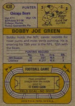 1974 Topps #438 - Bobby Joe Green - Chicago Bears - Back
