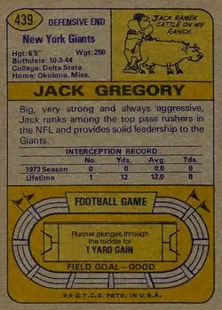 1974 Topps #439 - Jack Gregory - New York Giants - Back 1974 Topps #439 - Jack Gregory - New York Giants - Back