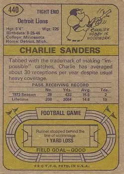 1974 Topps #440 - Charlie Sanders - Detroit Lions - Back
