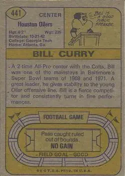 1974 Topps #441 - Bill Curry - Houston Oilers - Back