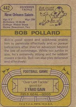 1974 Topps #442 - Bob Pollard - New Orleans Saints - Back 1974 Topps #442 - Bob Pollard - New Orleans Saints - Back