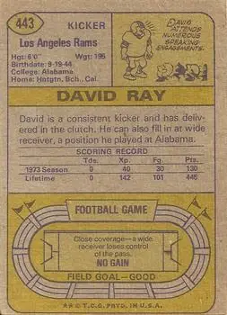 1974 Topps #443 - David Ray - Los Angeles Rams - Back