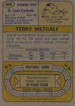 1974 Topps #444 - Terry Metcalf - St. Louis Cardinals - Back