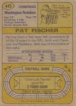 1974 Topps #445 - Pat Fischer - Washington Redskins - Back