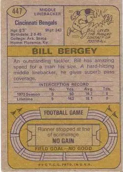 1974 Topps #447 - Bill Bergey - Cincinnati Bengals - Back
