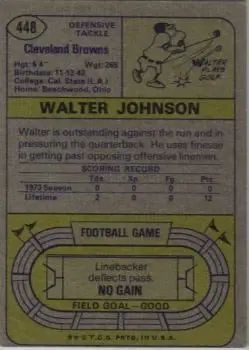1974 Topps #448 - Walter Johnson - Cleveland Browns - Back