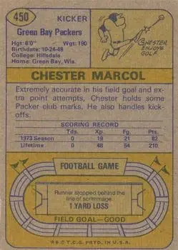 1974 Topps #450 - Chester Marcol - Green Bay Packers - Back