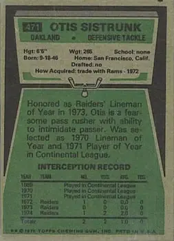 1975 Topps #471 - Otis Sistrunk - Oakland Raiders - Back 1975 Topps #471 - Otis Sistrunk - Oakland Raiders - Back