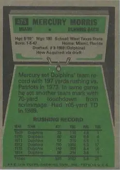1975 Topps #475 - Mercury Morris - Miami Dolphins 1975 Topps #475 - Mercury Morris - Miami Dolphins