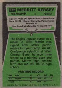 1975 Topps #477 - Merritt Kersey - Philadelphia Eagles - Back