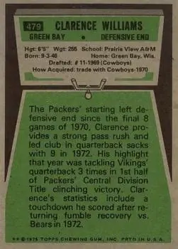 1975 Topps #479 - Clarence Williams - Green Bay Packers - Back