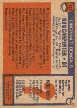 1976 Topps #432 - Ron Carpenter - Cincinnati Bengals - Back