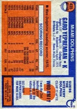 1976 Topps #435 - Garo Yepremian - Miami Dolphins