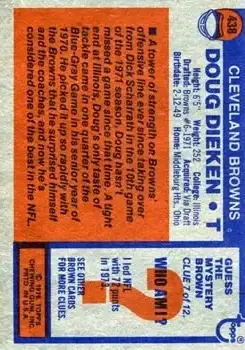 1976 Topps #438 - Doug Dieken - Cleveland Browns - Back