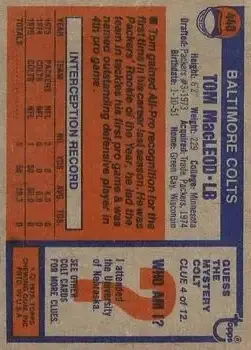 1976 Topps #440 - Tom MacLeod - Baltimore Colts - Back
