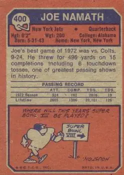 1973 Topps #400 - Joe Namath - New York Jets - Back