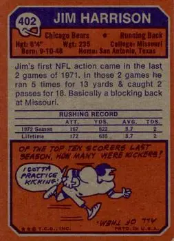 1973 Topps #402 - Jim Harrison - Chicago Bears