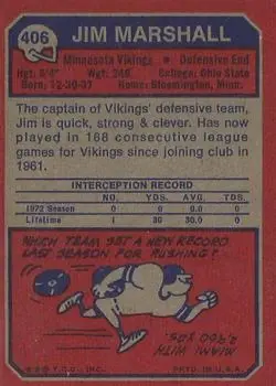 1973 Topps #406 - Jim Marshall - Minnesota Vikings