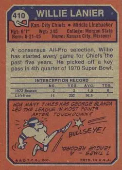 1973 Topps #410 - Willie Lanier - Kansas City Chiefs