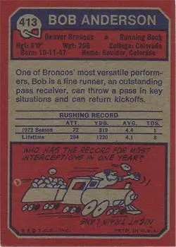 1973 Topps #413 - Bob Anderson - Denver Broncos - Back