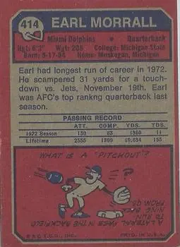 1973 Topps #414 - Earl Morrall - Miami Dolphins - Back