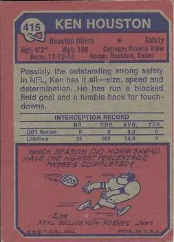 1973 Topps #415 - Ken Houston - Houston Oilers - Back