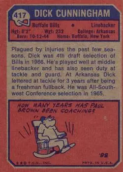 1973 Topps #417 - Dick Cunningham - Buffalo Bills - Back