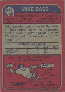 1973 Topps #419 - Mike Bass - Washington Redskins - Back