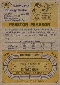 1974 Topps #452 - Preston Pearson - Pittsburgh Steelers - Back 1974 Topps #452 - Preston Pearson - Pittsburgh Steelers - Back