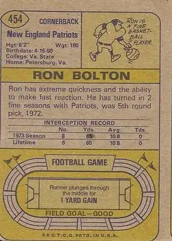 1974 Topps #454 - Ron Bolton - New England Patriots - Back 1974 Topps #454 - Ron Bolton - New England Patriots - Back