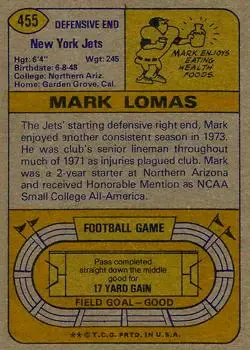 1974 Topps #455 - Mark Lomas - New York Jets - Back 1974 Topps #455 - Mark Lomas - New York Jets - Back