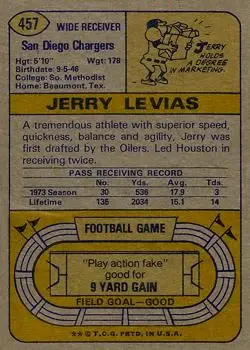 1974 Topps #457 - Jerry LeVias - San Diego Chargers - Back