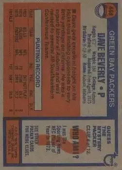 1976 Topps #448 - Dave Beverly - Green Bay Packers 1976 Topps #448 - Dave Beverly - Green Bay Packers