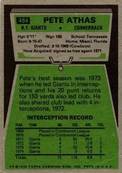1975 Topps #484 - Pete Athas - New York Giants - Back 1975 Topps #484 - Pete Athas - New York Giants - Back